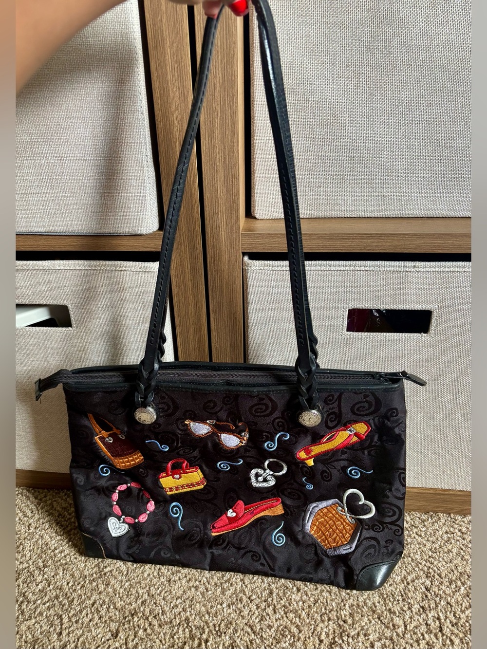 Vintage Y2K Brighton Black Canvas Embroidered Shoulder Bag Multicolor Leather